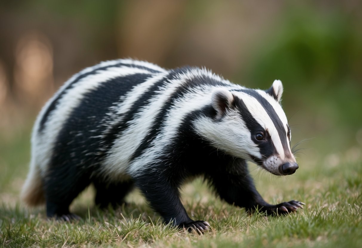 A badger freezes, ears perked, as it sniffs the air for danger