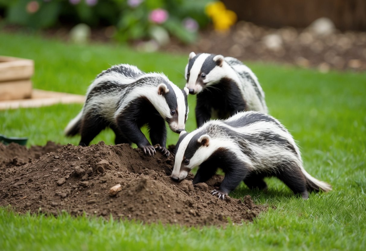A family of badgers digging up a garden, causing chaos