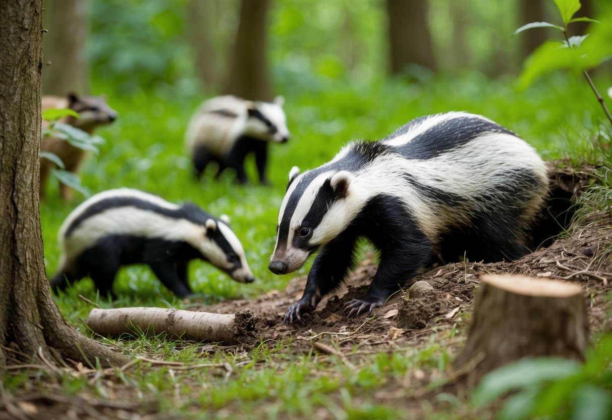 A badger emerges from its burrow, foraging for food in a lush forest. Other woodland creatures watch cautiously as the badger sniffs and digs, contributing to the ecosystem