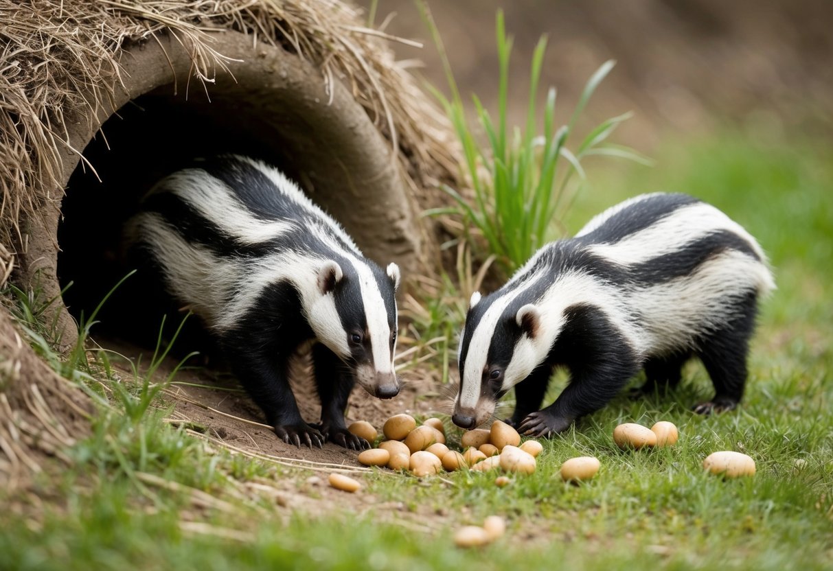 A badger sniffs around a burrow entrance, while another badger forages for food in the grass nearby