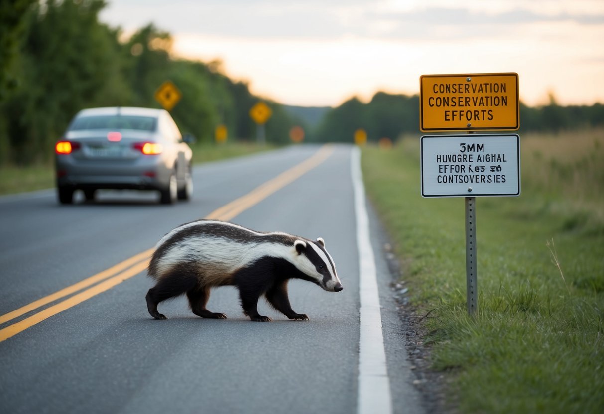 A badger crossing a road as a car approaches, with a sign nearby indicating conservation efforts and controversies