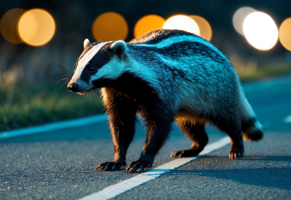 A badger crossing a road at night, illuminated by headlights