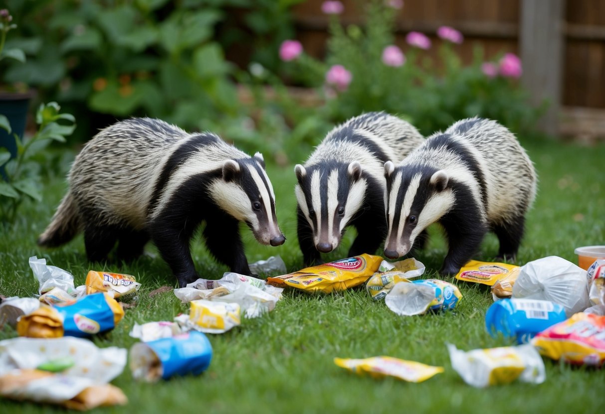 A group of badgers rummaging through a garden, surrounded by discarded food wrappers and empty junk food containers