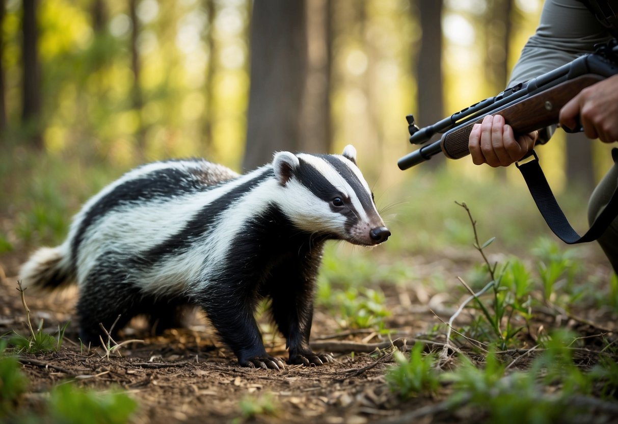 A badger being hunted by a person with a weapon in a forest clearing