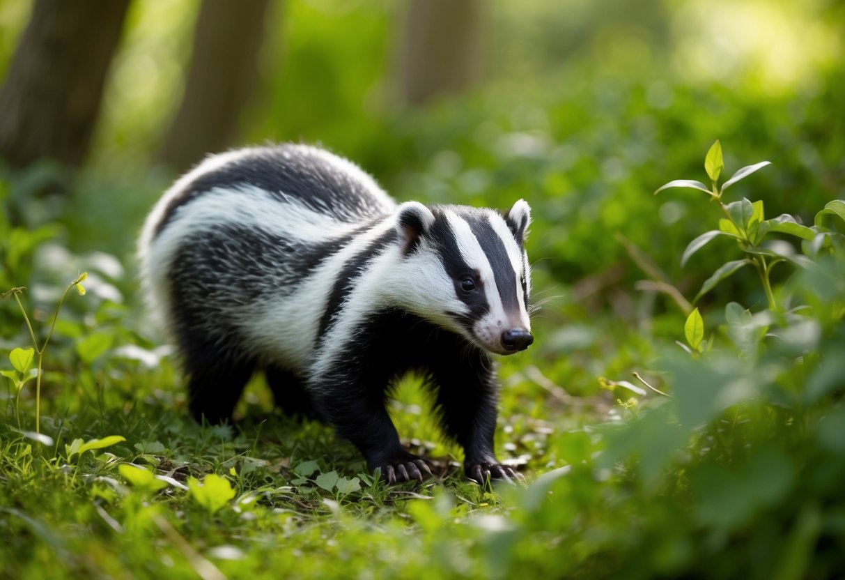 A badger peacefully foraging in a lush English woodland, undisturbed by any signs of human activity