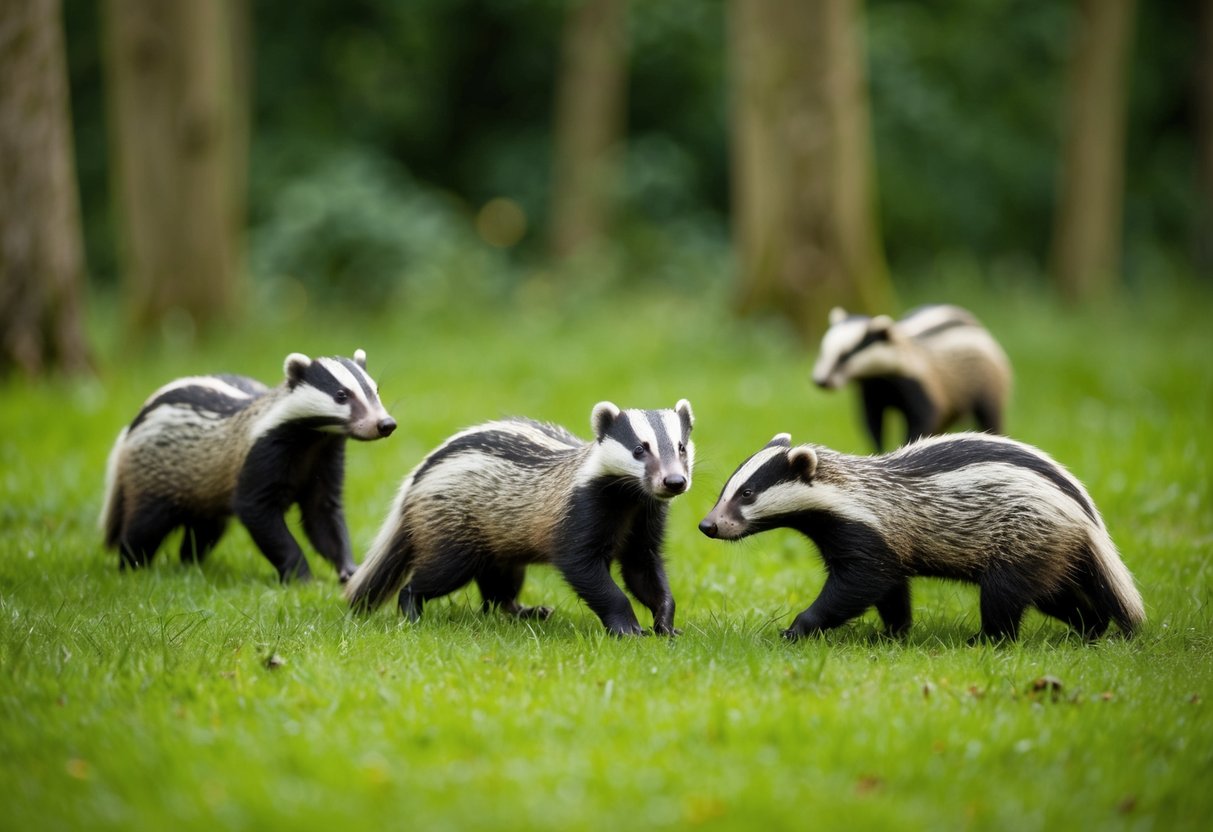 A group of badgers roam freely in a lush English forest, undisturbed by any human presence