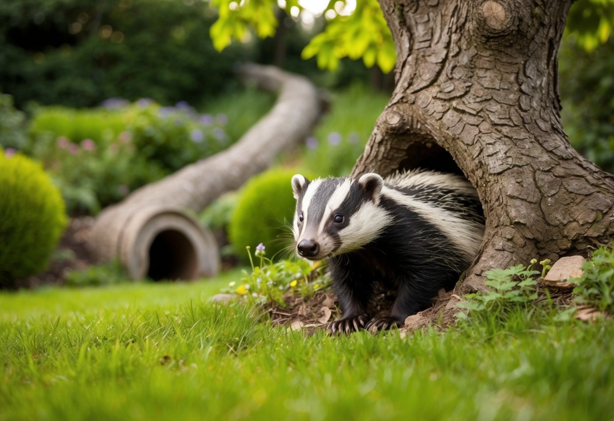 A badger sett nestled beneath a gnarled oak tree in a lush garden, with a network of tunnels leading to and from the entrance