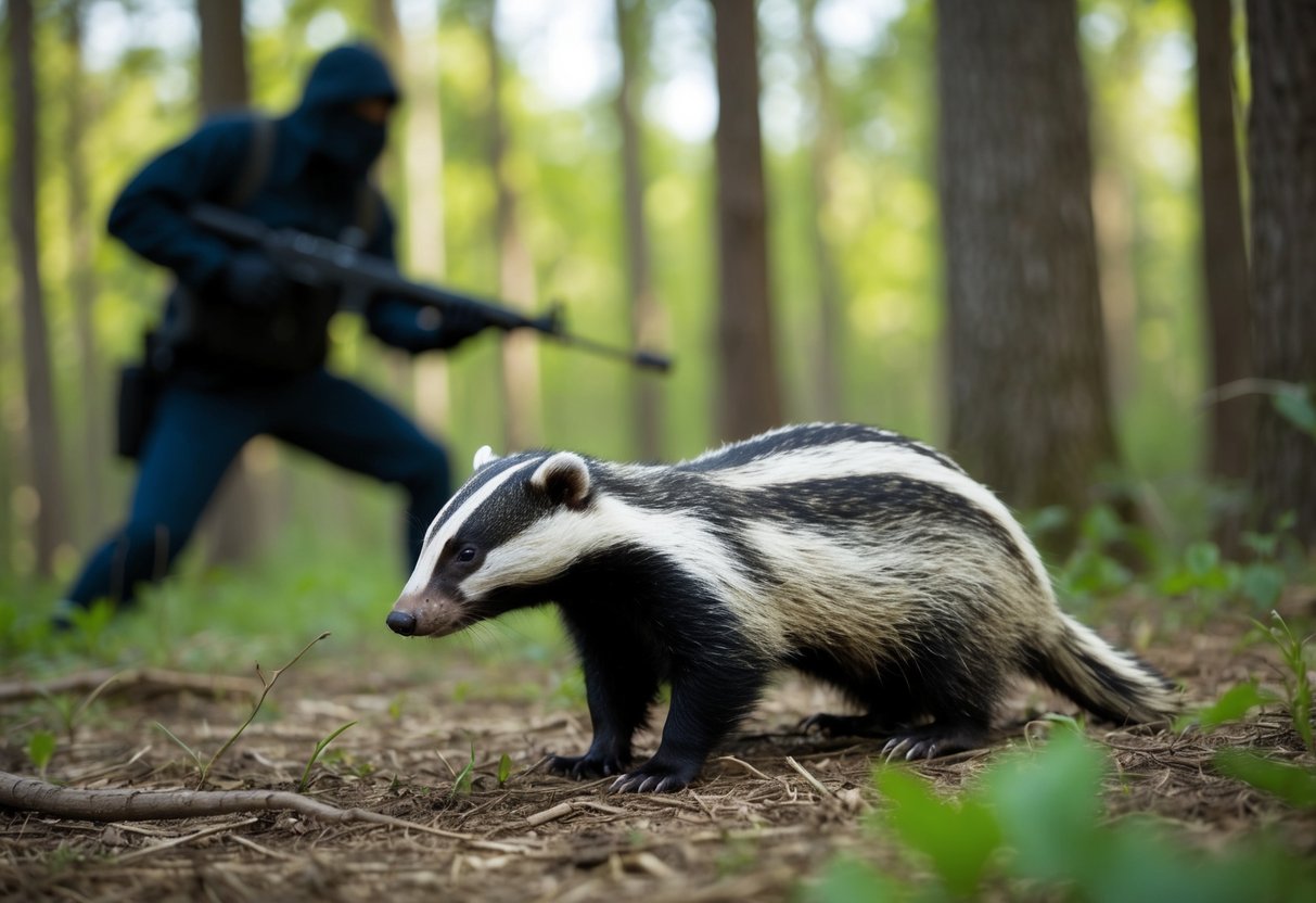 A badger cowers in a forest clearing, as a shadowy figure looms with a weapon in hand
