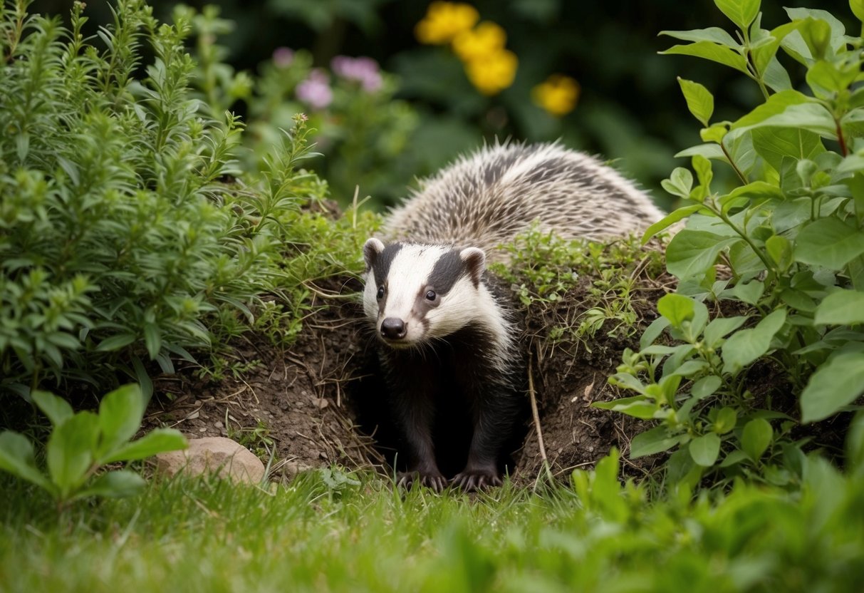 A badger sett nestled among overgrown bushes in a garden, with a curious badger peering out from the entrance