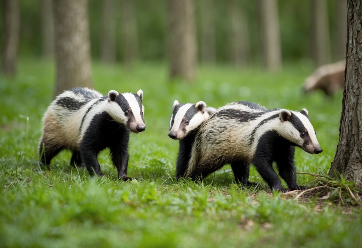 A group of badgers roam through a forest, one of them showing signs of illness