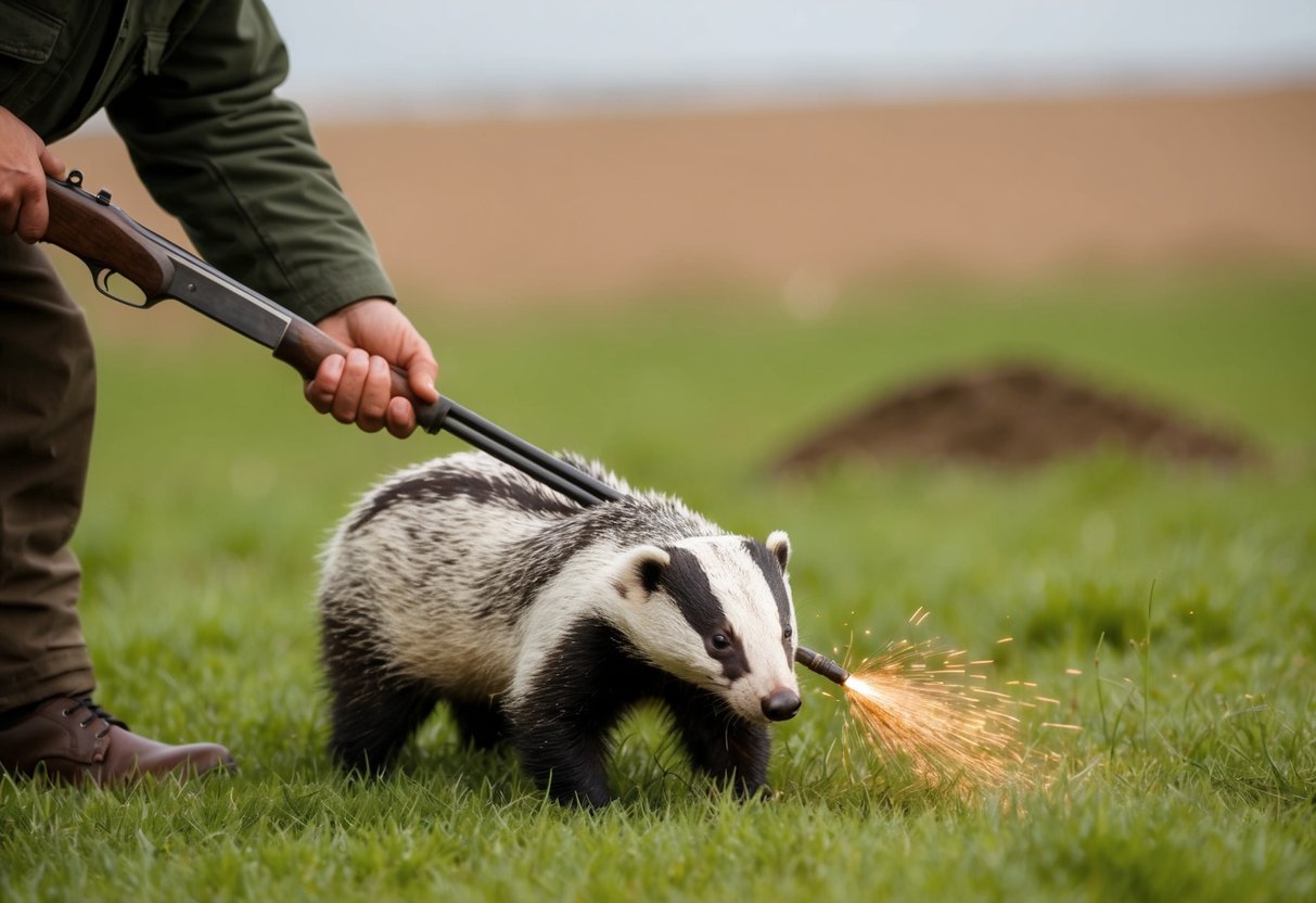 A badger being shot by a farmer in a rural English field