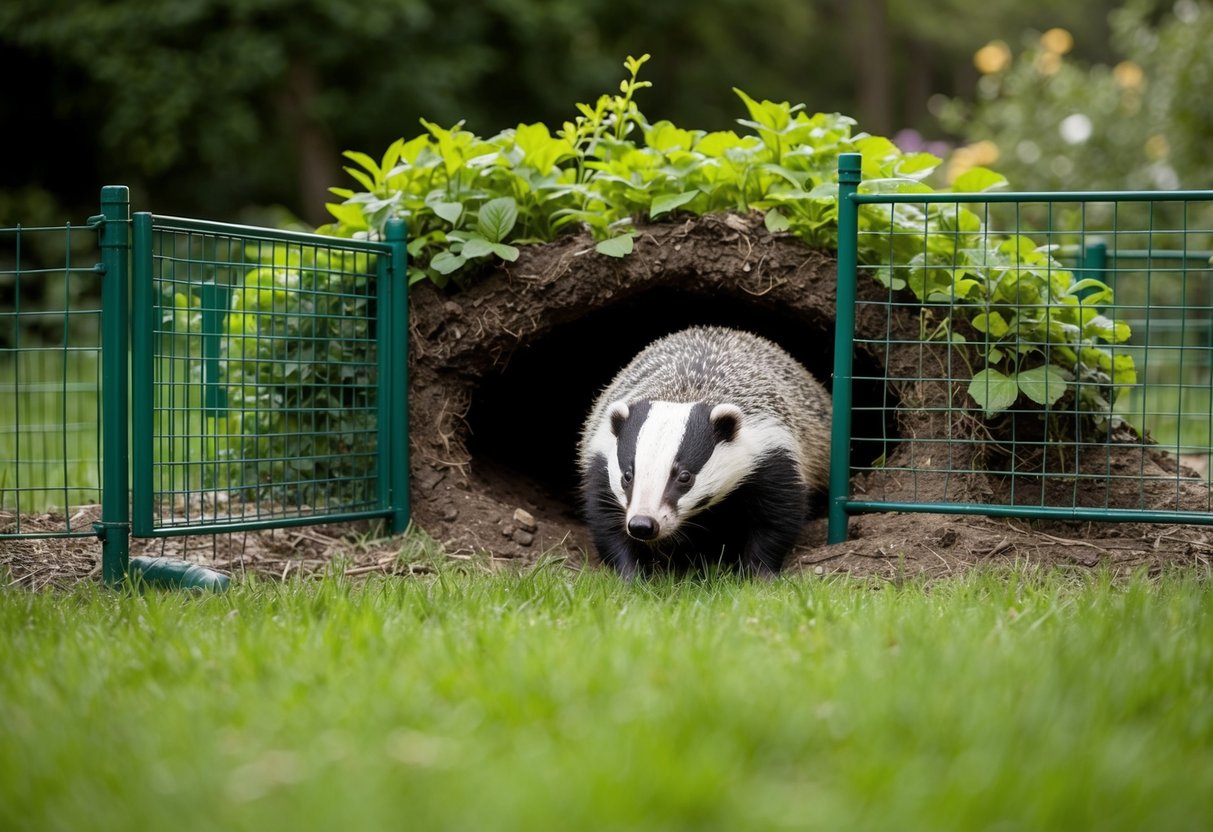 A badger sett nestled beneath a lush garden, with sturdy fencing and barriers surrounding the perimeter to prevent any unwanted intrusion