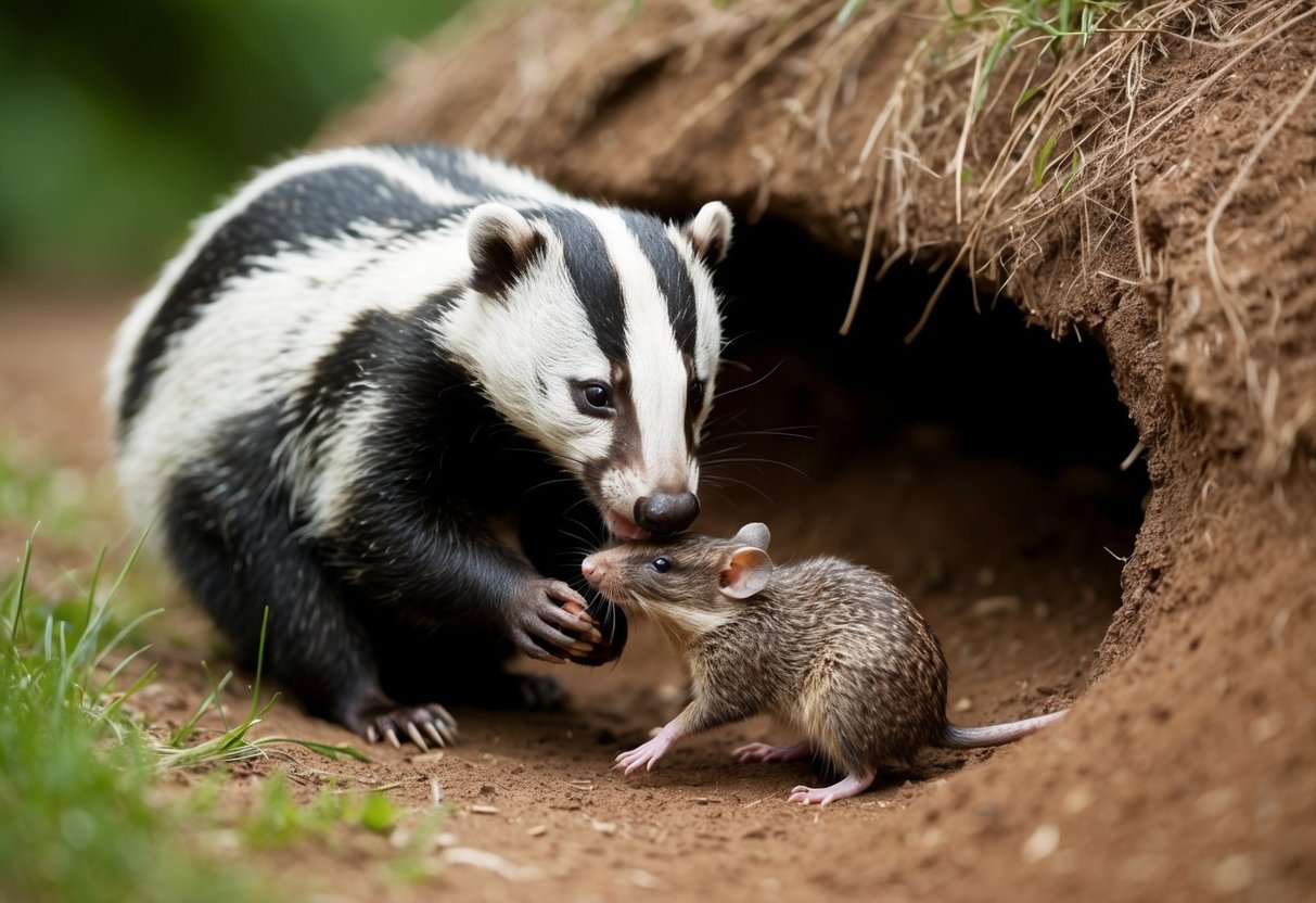 A badger catching and eating a rat in its burrow