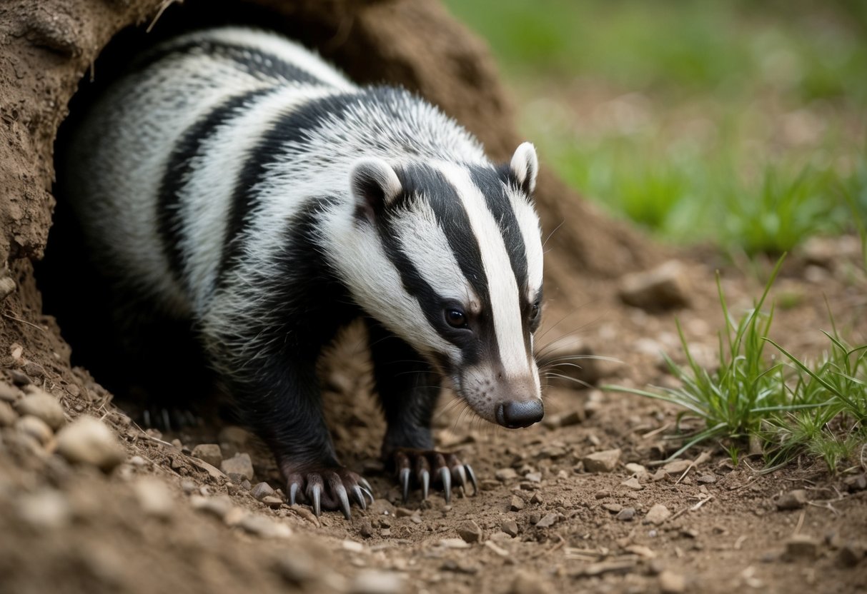 A badger sniffs around a burrow, its sharp claws digging into the ground as it hunts for rats