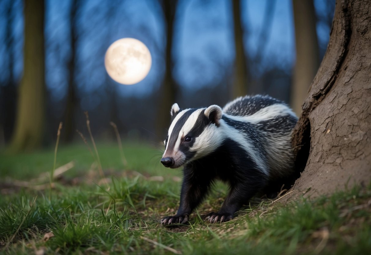 In June, badgers are most active. Illustrate a moonlit forest with a badger emerging from its burrow