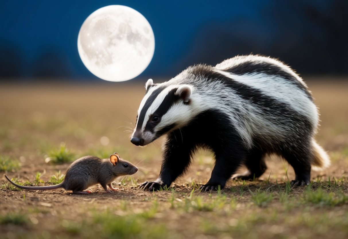 A badger stalking a rat in a moonlit field