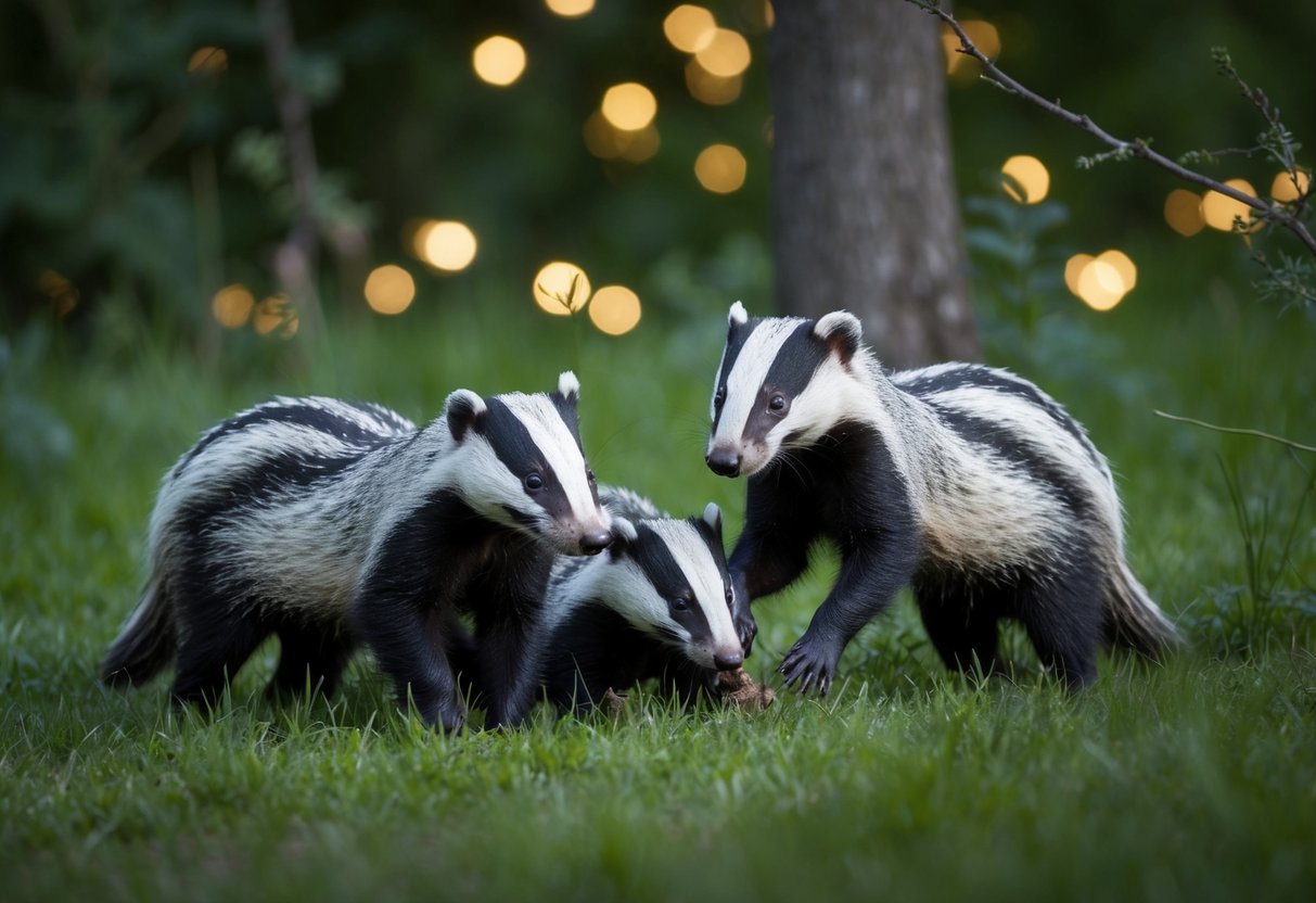 In July, badgers are most active at dusk, foraging for food and interacting with their social group in a woodland setting