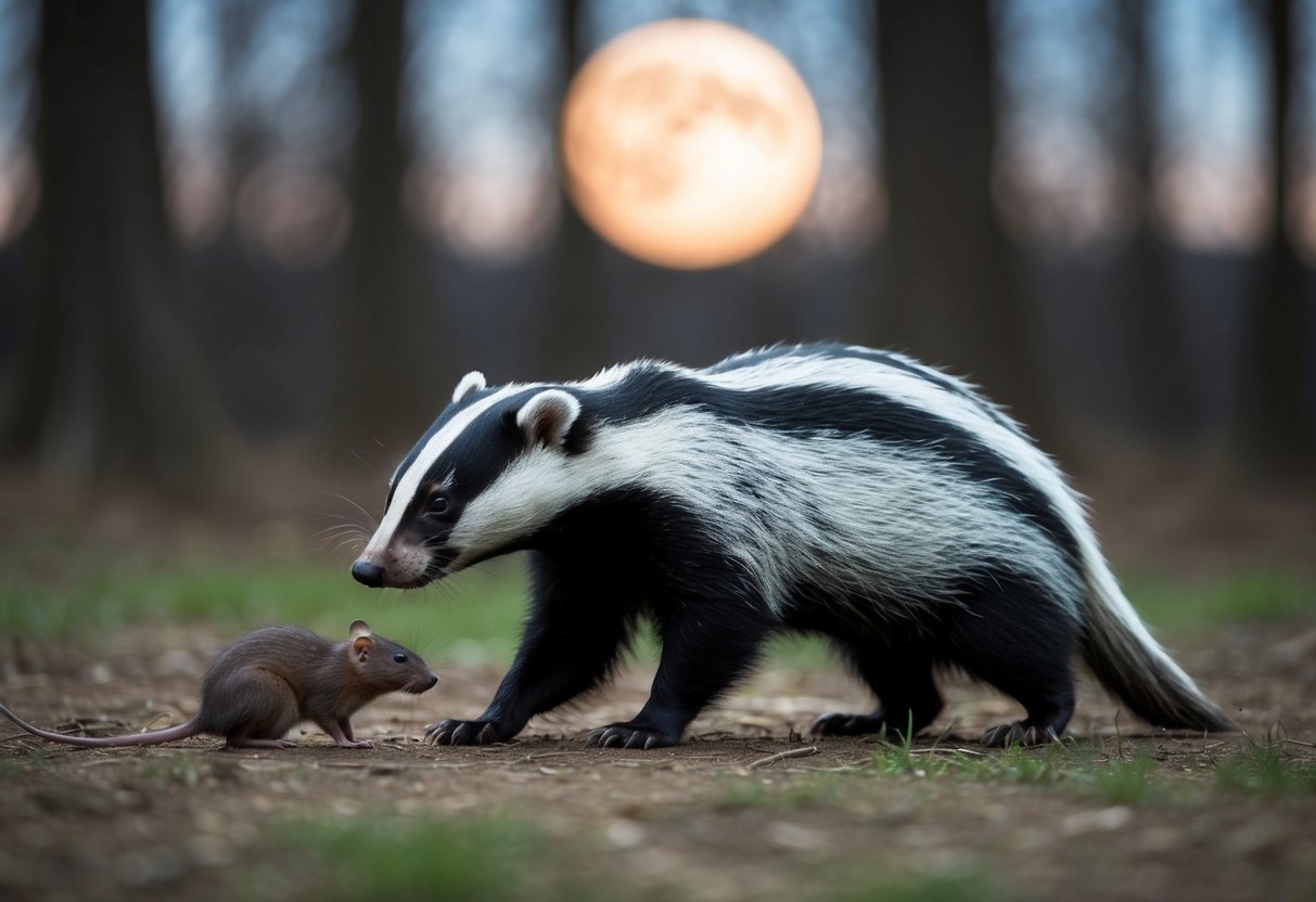 A badger hunts a rat in a moonlit forest clearing