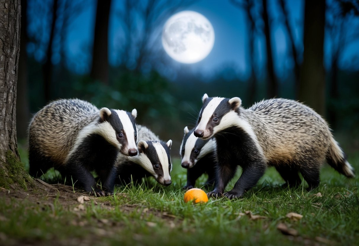 In the moonlit forest, a family of badgers scurry and play, their fur glistening in the darkness as they forage for food
