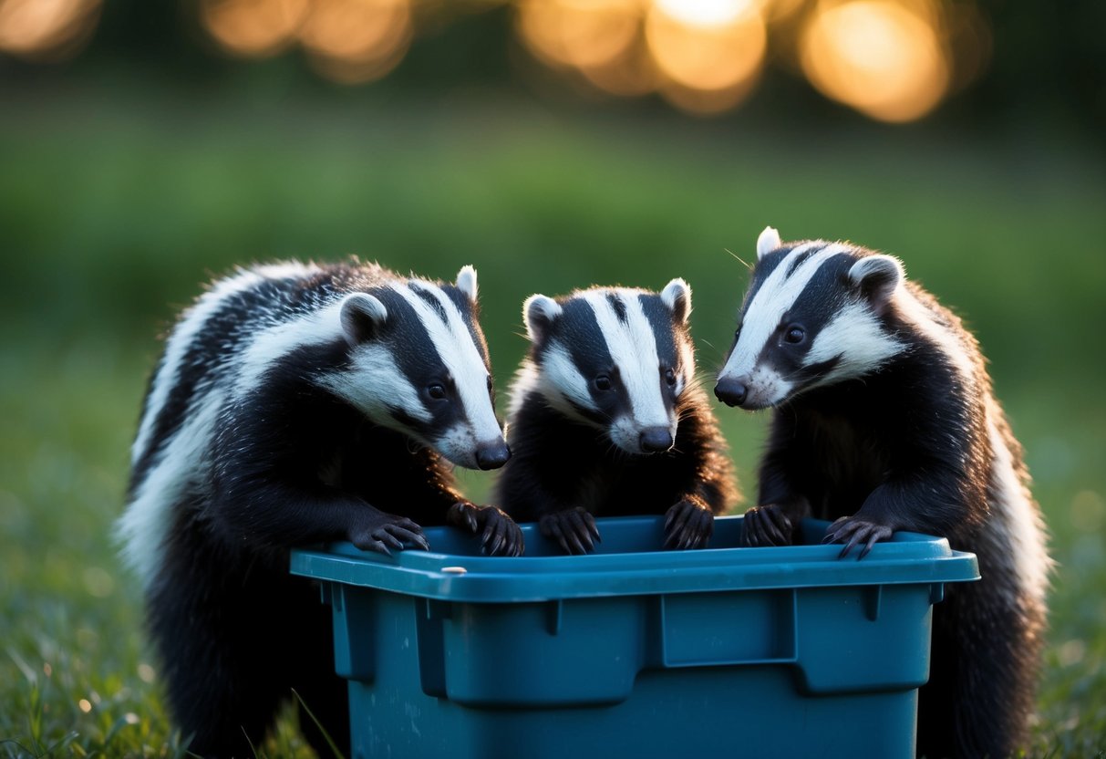A family of badgers rummaging through a trash bin at dusk