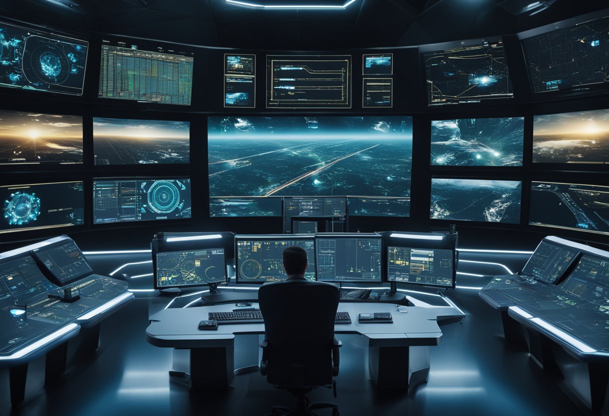 A futuristic control room with AI algorithms coordinating military operations on digital screens, while drones and autonomous vehicles are deployed in the field