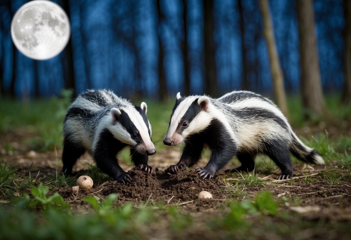 Badgers foraging in a moonlit forest, digging for food and marking territory
