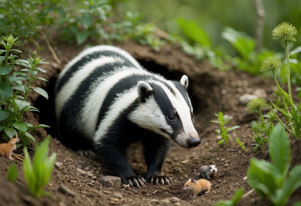 A badger emerges from its burrow, surrounded by various plants and small animals. Its distinctive black and white markings are visible as it sniffs the air