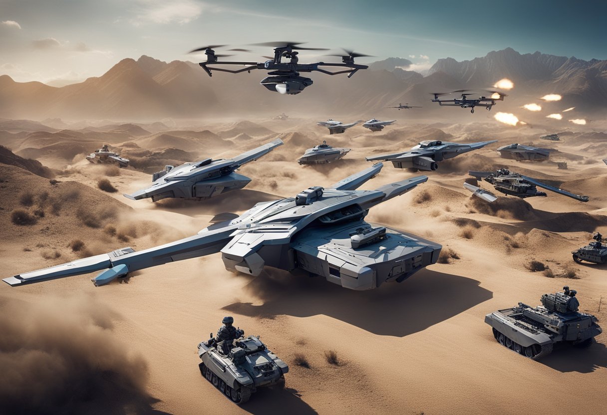 A futuristic battlefield with AI-controlled drones and vehicles coordinating military operations