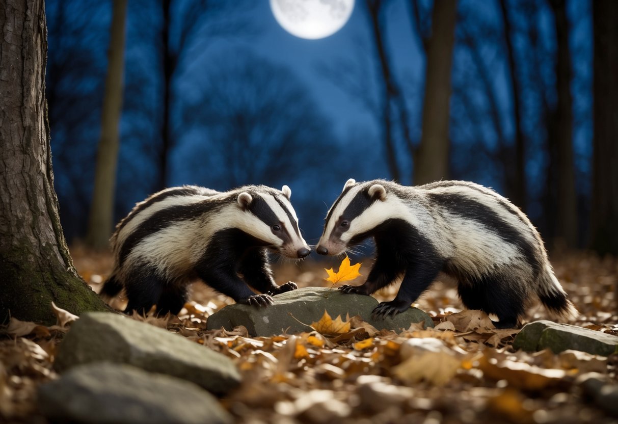 Badgers foraging in a moonlit forest, surrounded by fallen leaves and a few scattered rocks