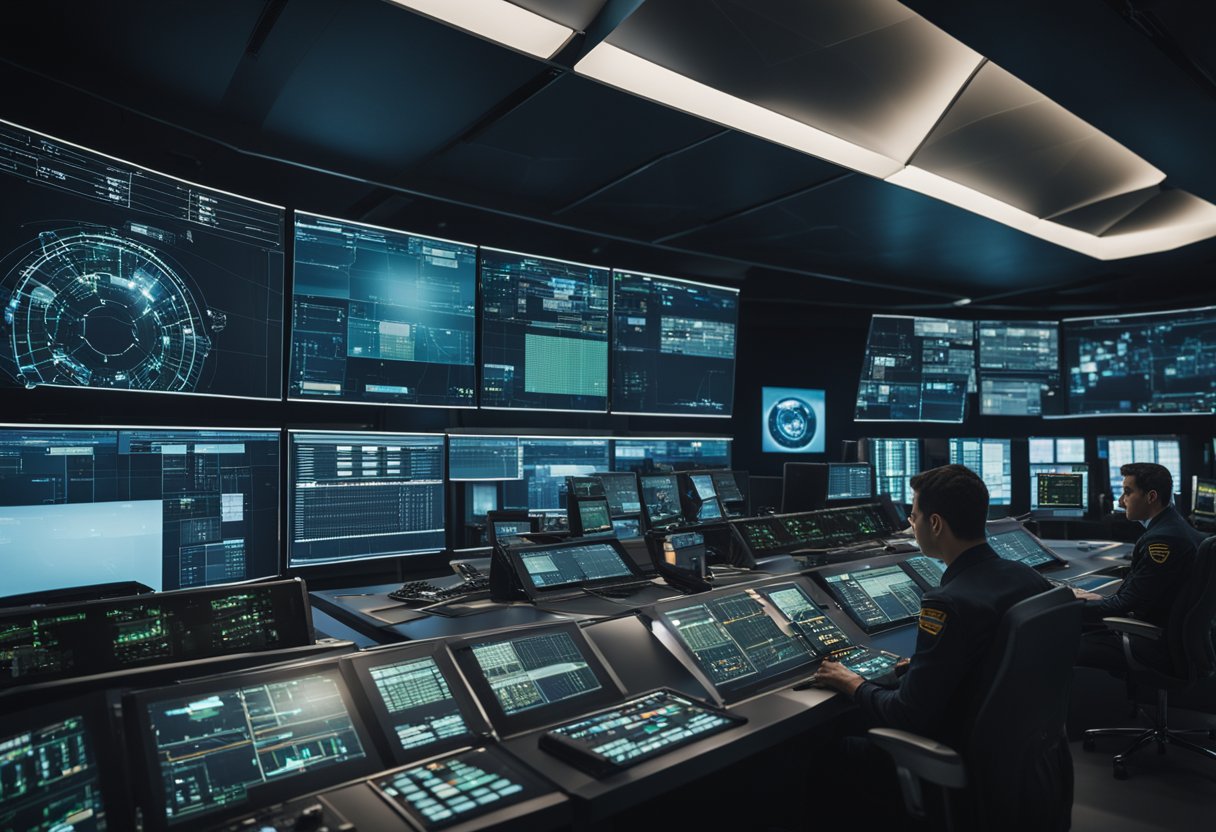 A control room with AI algorithms coordinating military operations on digital screens, surrounded by advanced technology and communication equipment