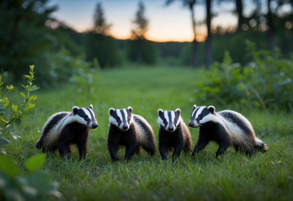 A serene forest clearing at dusk, with a family of badgers emerging from their burrow, surrounded by lush greenery and a sense of tranquility