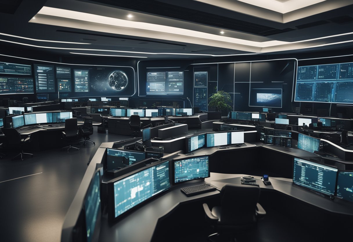 A futuristic war room with AI algorithms coordinating military operations on digital screens