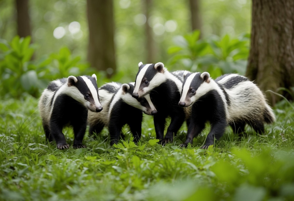 A group of badgers roam through a lush forest, foraging for food and interacting with each other in their natural habitat