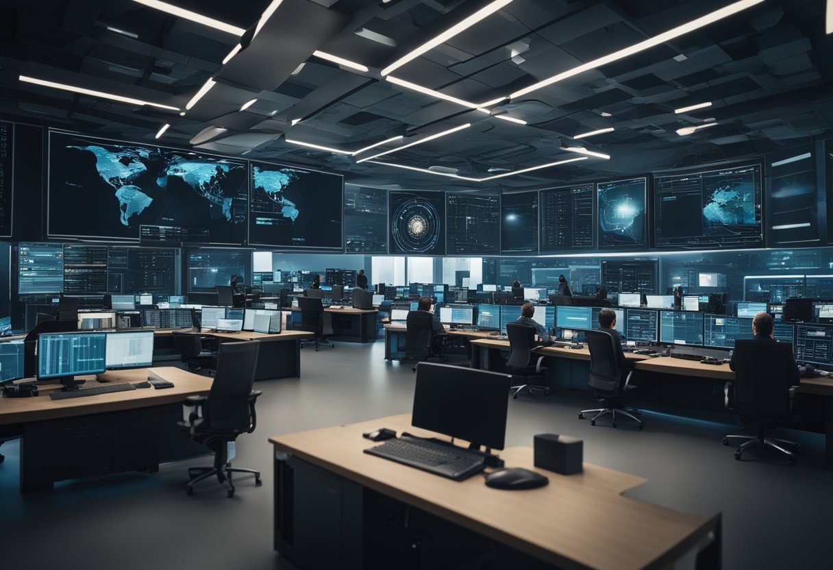 A futuristic war room with AI algorithms analyzing data and making strategic decisions for military operations