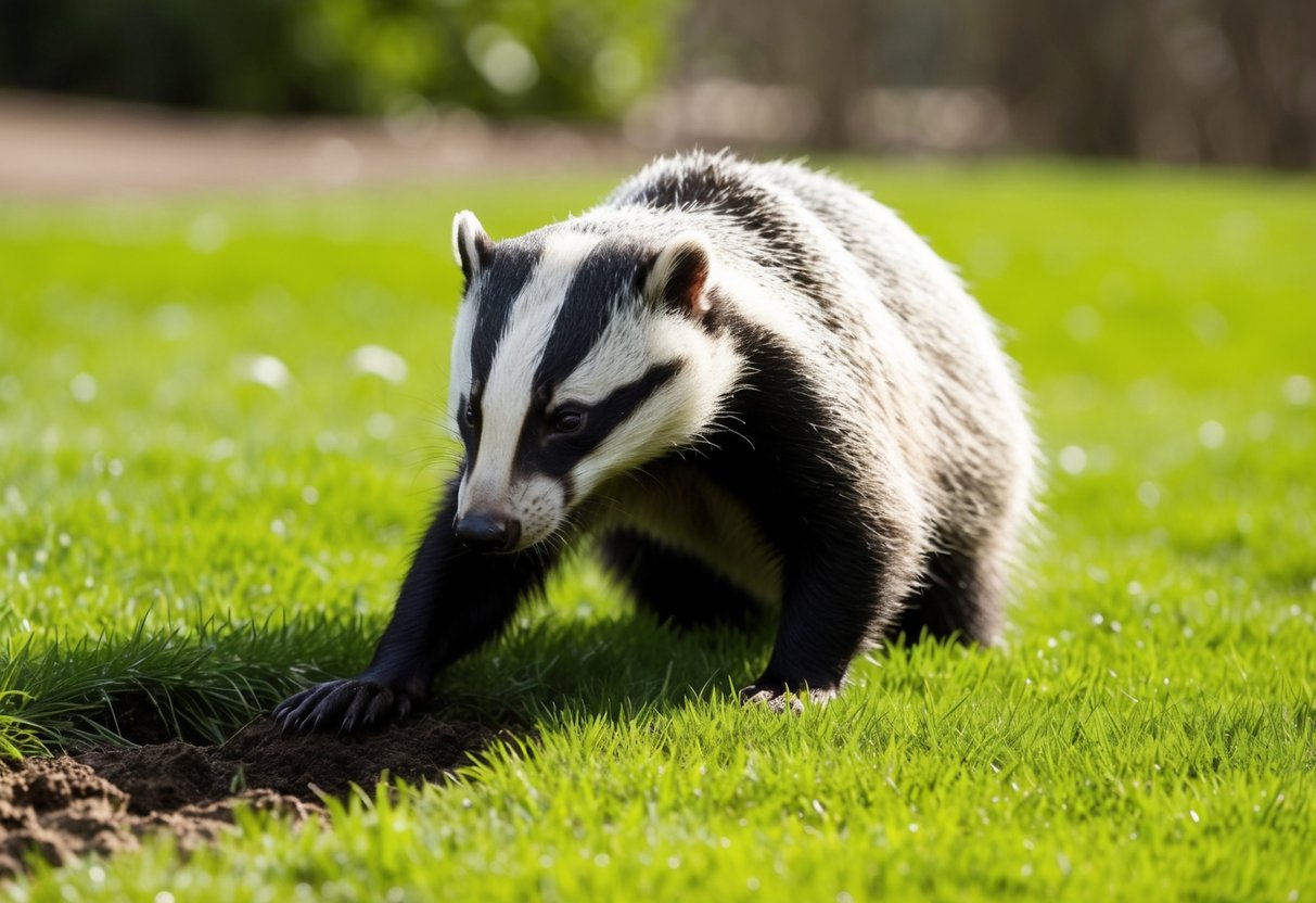 In the spring, a badger digs up a lush green lawn, searching for insects and grubs to eat