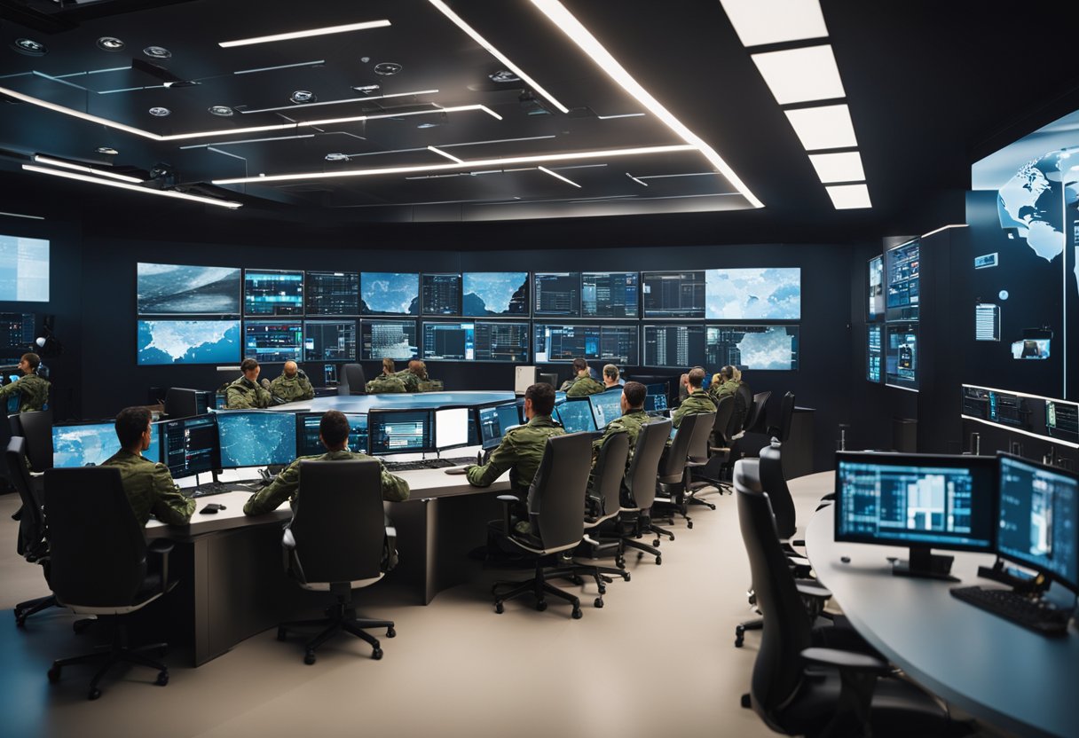 A futuristic war room with AI technology coordinating military operations across the globe