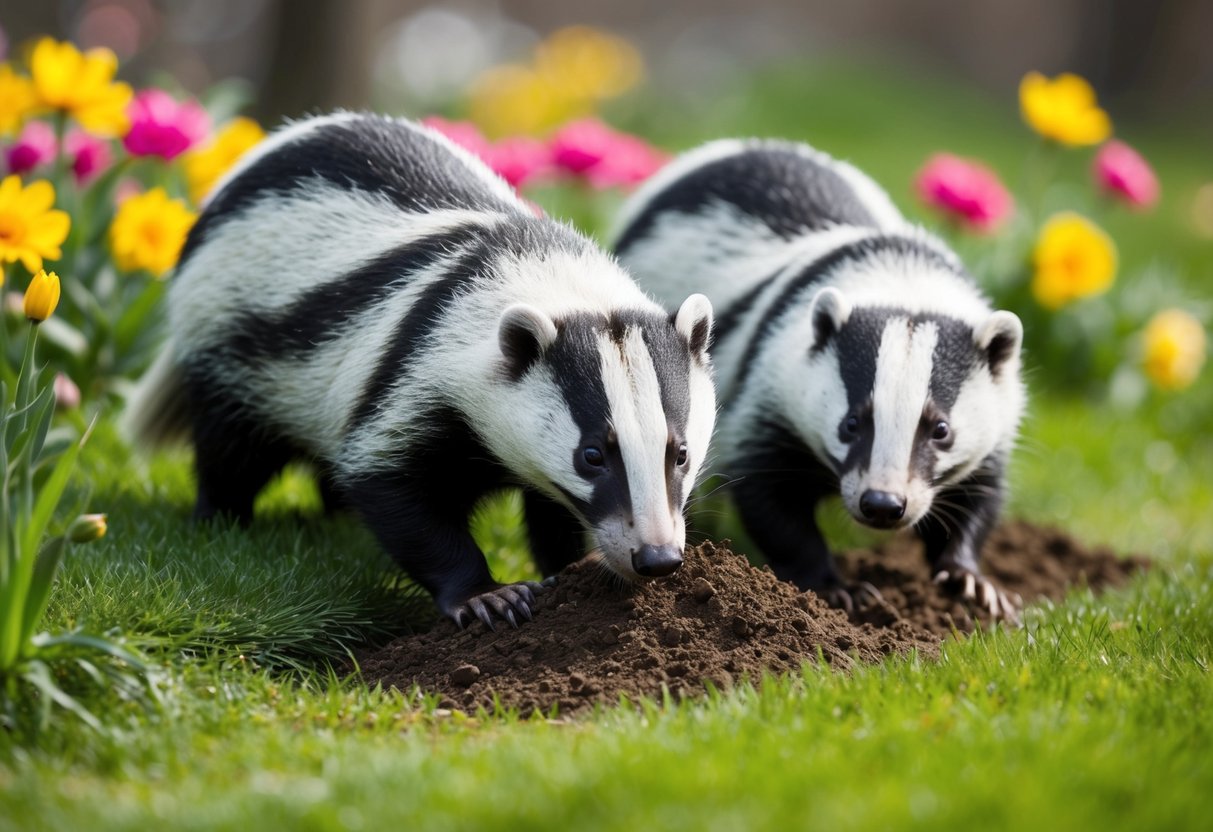 Badgers digging up lawns in the springtime, surrounded by blooming flowers and green grass