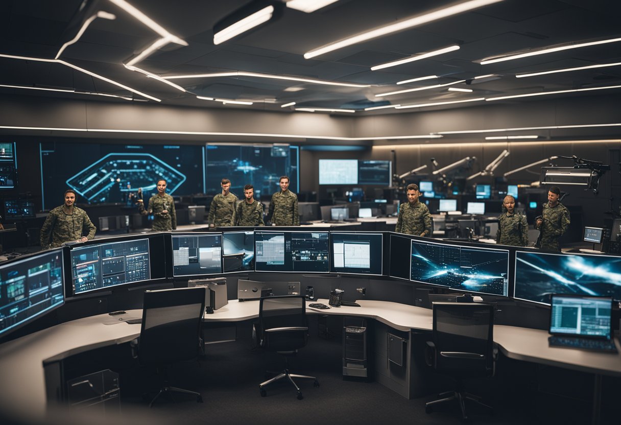 A futuristic war room with AI algorithms coordinating military strategies and drones launching from a high-tech base