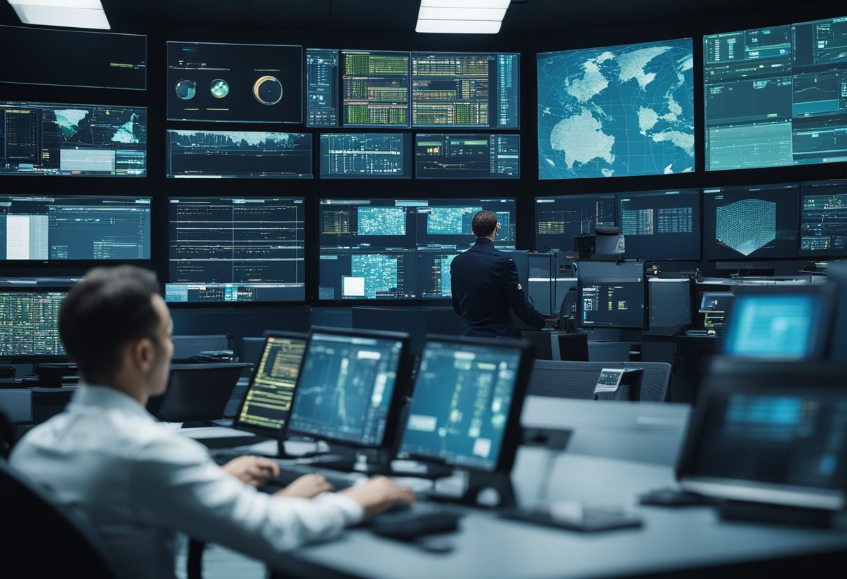 A high-tech control room overseeing AI-driven military operations. Multiple screens display data and visuals, while technicians monitor and analyze the AI's performance