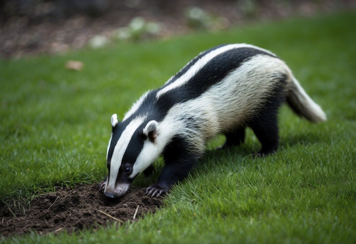 A badger digs up a lawn at night during the springtime, searching for grubs and other insects to feed on