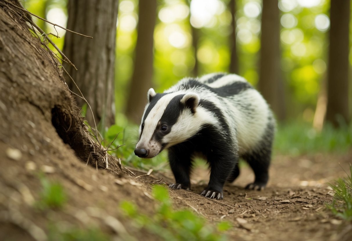 A badger emerges from its burrow, sniffing the air before lumbering off into the forest under the dappled sunlight