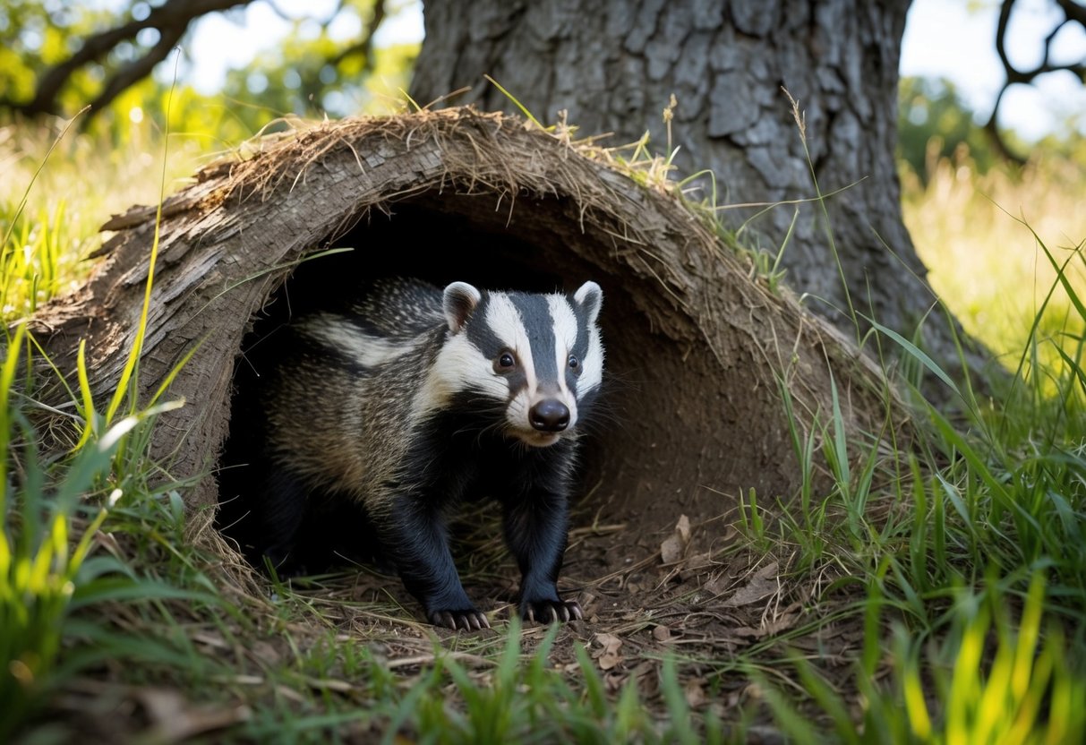 A burrow nestled under a gnarled oak tree, surrounded by tall grass and dappled sunlight. A badger emerges, blinking in the daylight