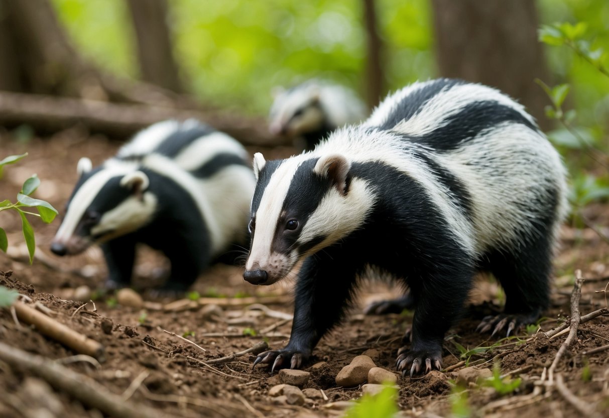 Badgers forage in the woods, digging for food and exploring their surroundings. They may also rest in their underground burrows during the day