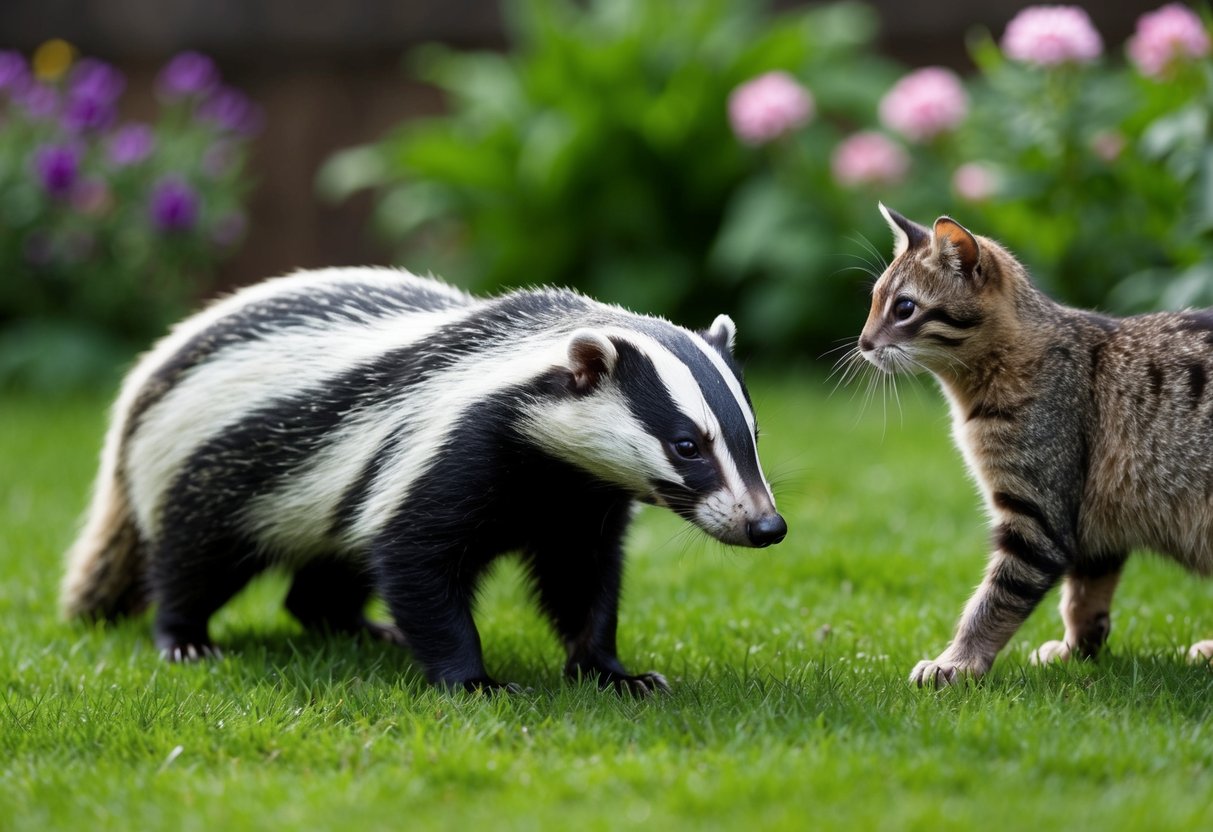 A badger sniffs around a garden, eyeing a wary cat from a distance
