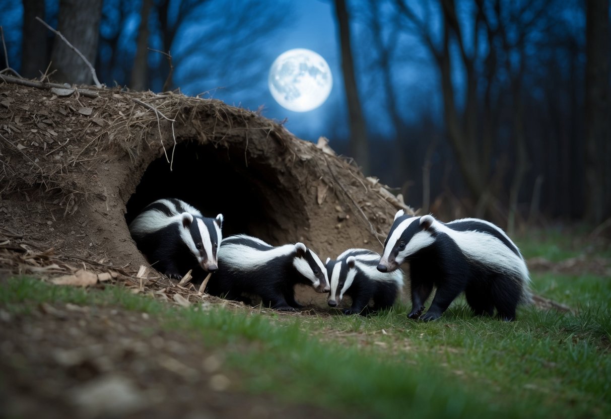 A badger family emerges from their underground burrow at dusk, foraging for food in a moonlit forest