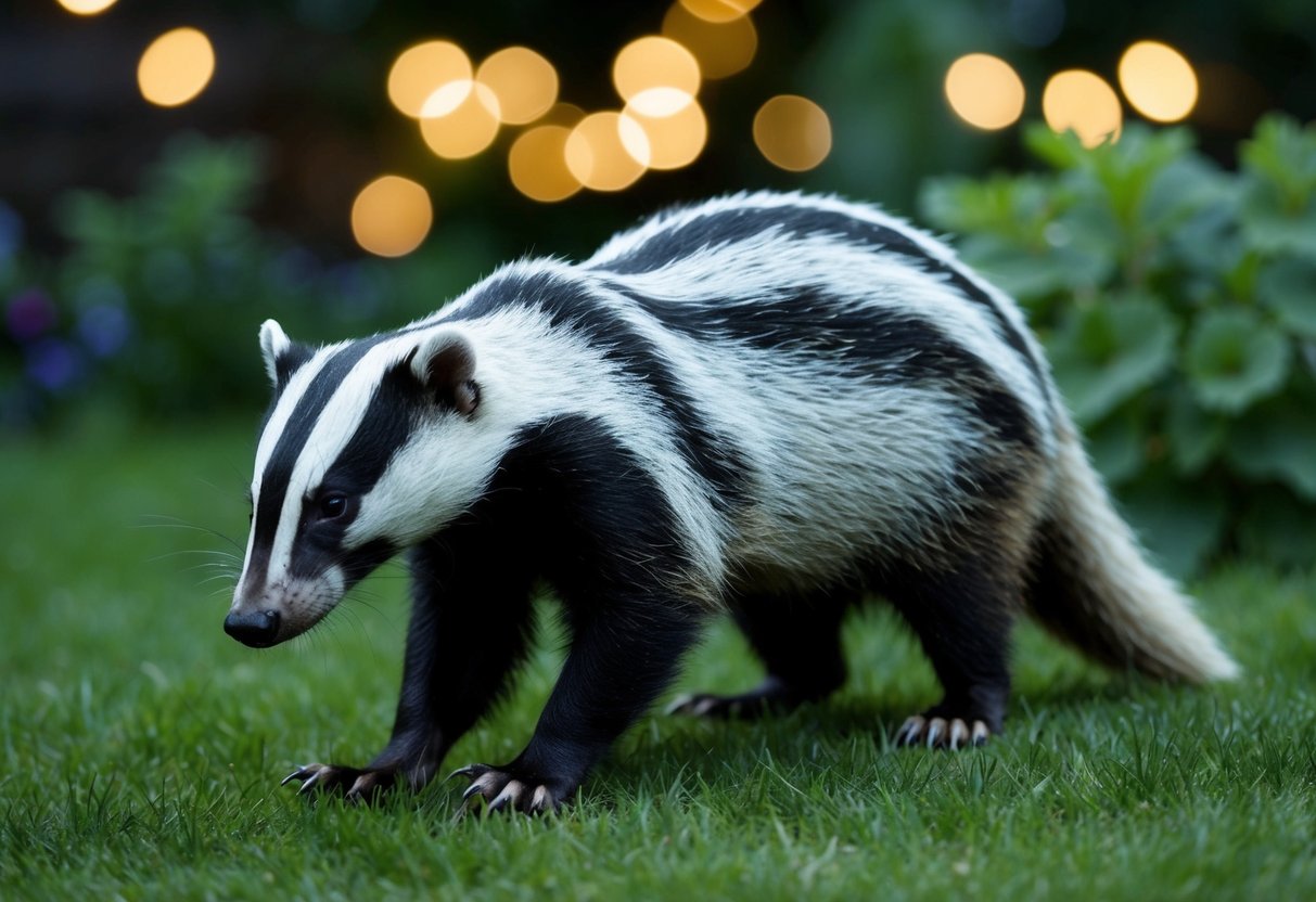 A badger sniffs around a garden at night, its sharp claws and teeth ready to pounce on any unsuspecting prey