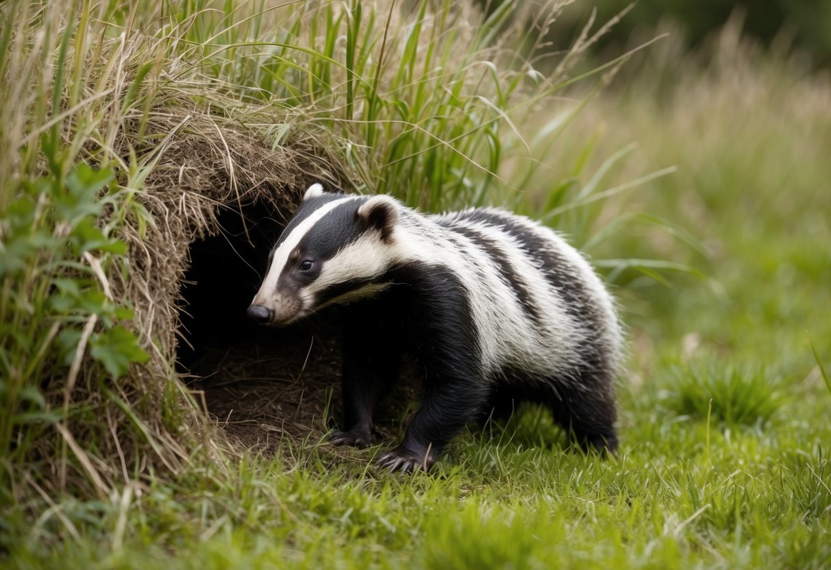 A badger emerges from its burrow, surrounded by tall grass and bushes. It cautiously sniffs the air before venturing out into the open, wary of potential threats