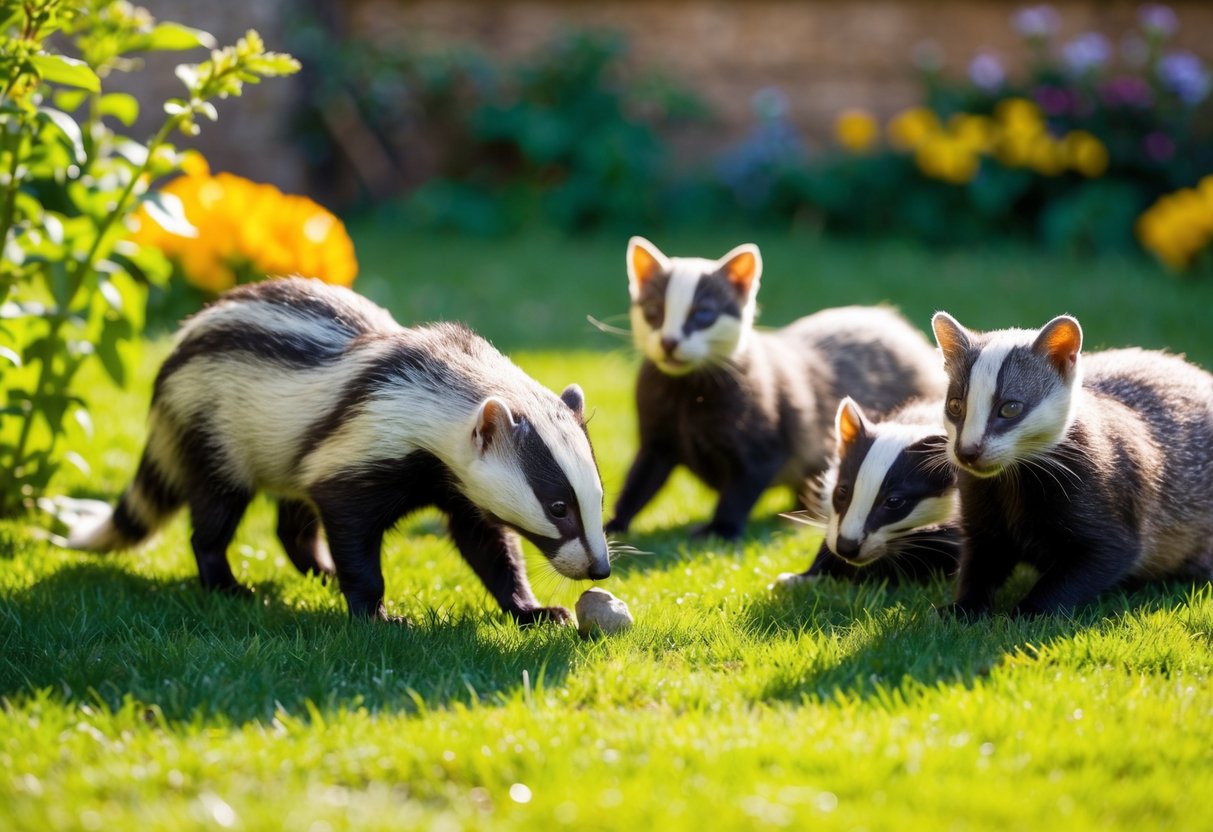 A garden with cats and badgers peacefully coexisting, with a curious badger sniffing around the garden while a group of cats play and lounge in the sun