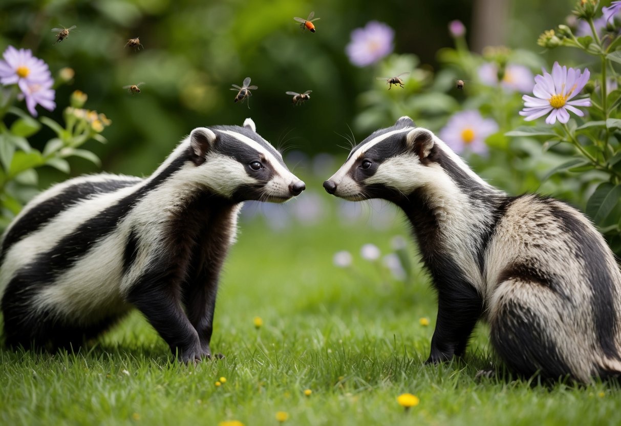 Badgers and cats observe each other cautiously in a lush garden, surrounded by blooming flowers and buzzing insects