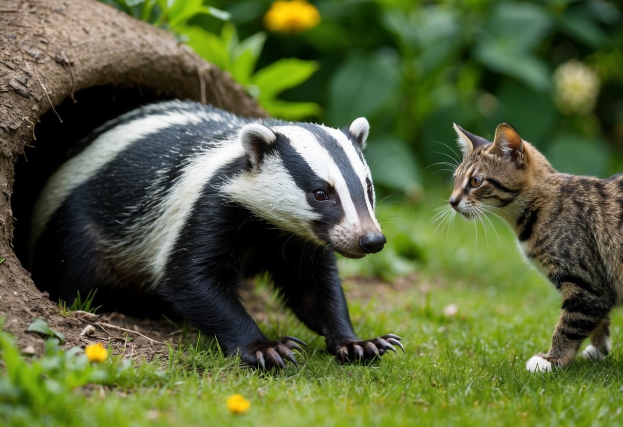 A badger emerges from a burrow in a lush garden, its sharp claws and snout poised near a curious cat